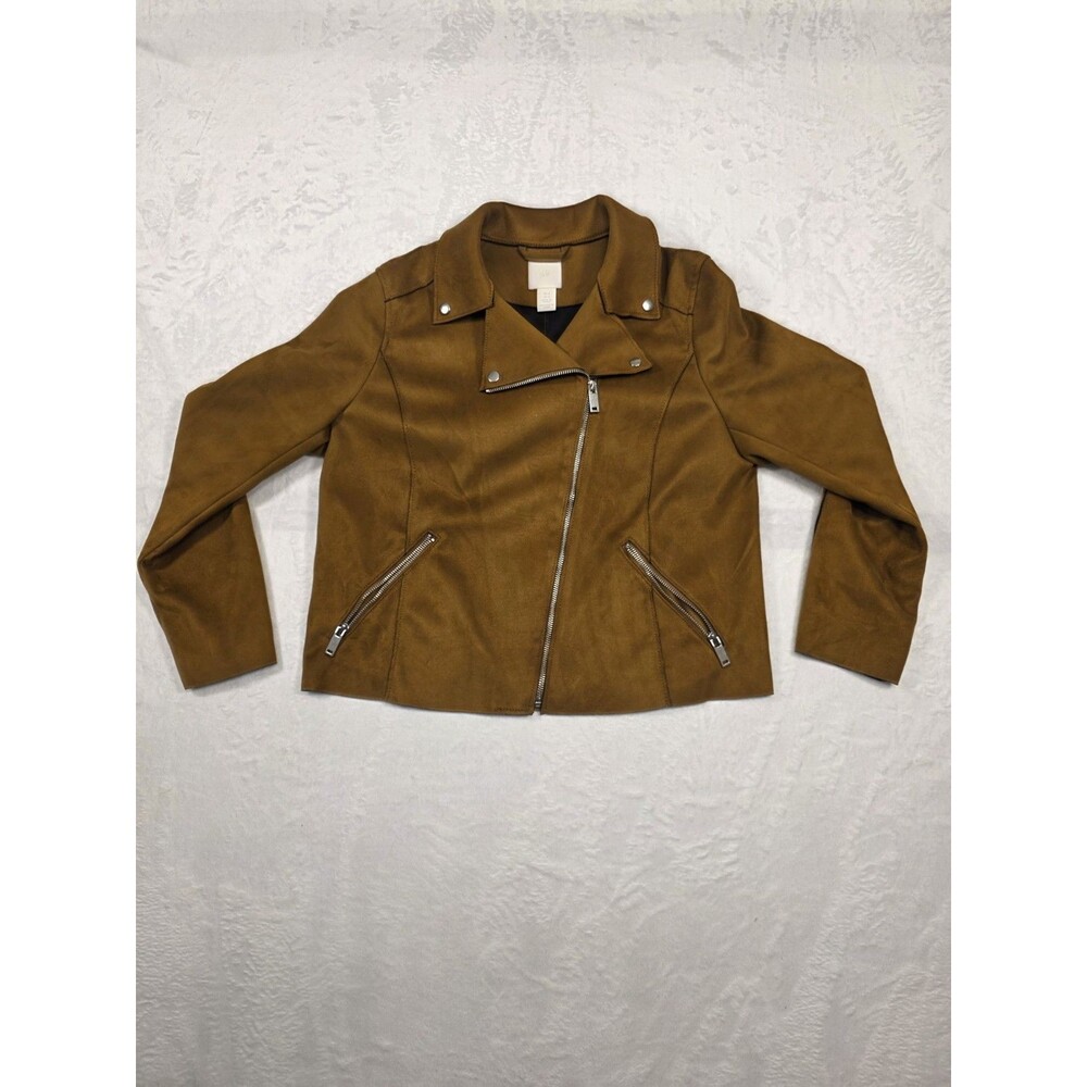 H&M biker jacket brown zip pockets snap buttons women's size 12
